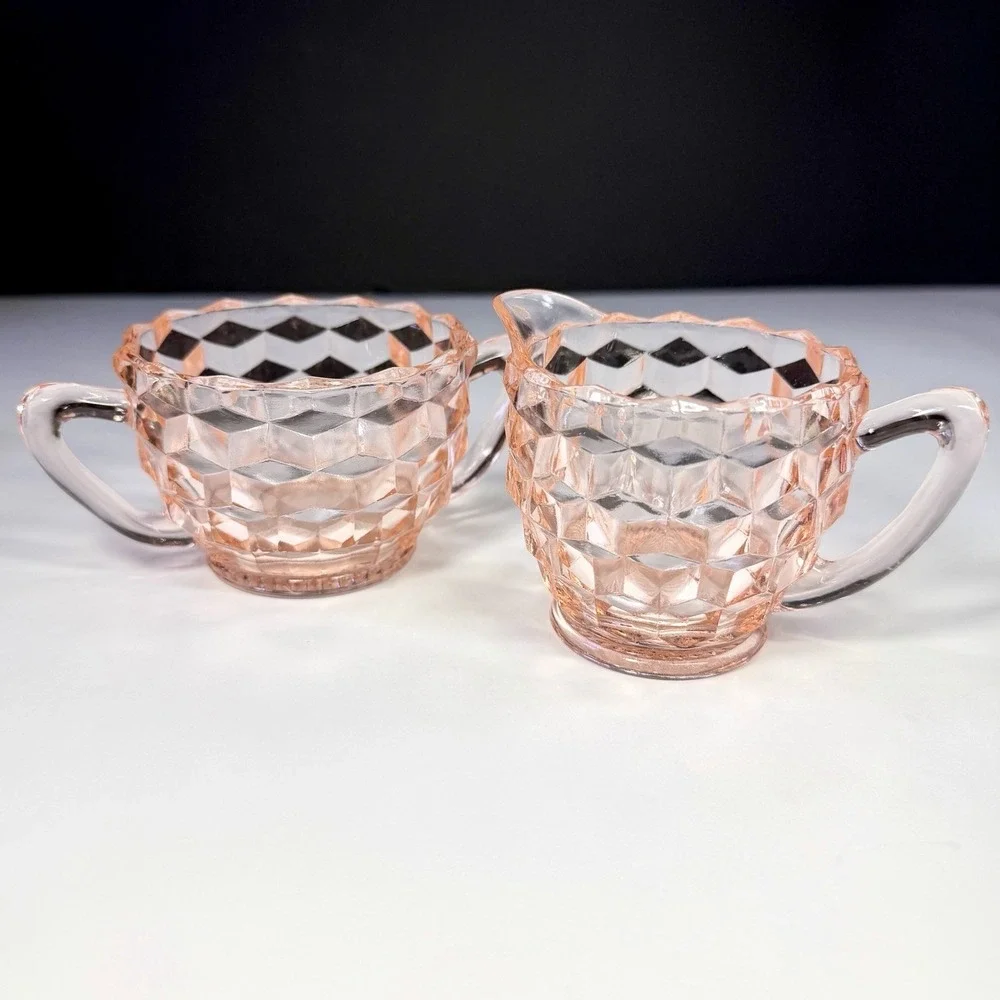 Vintage Jeannette Cubist Pink Depression Glass Sugar & Creamer Set Cube Pattern